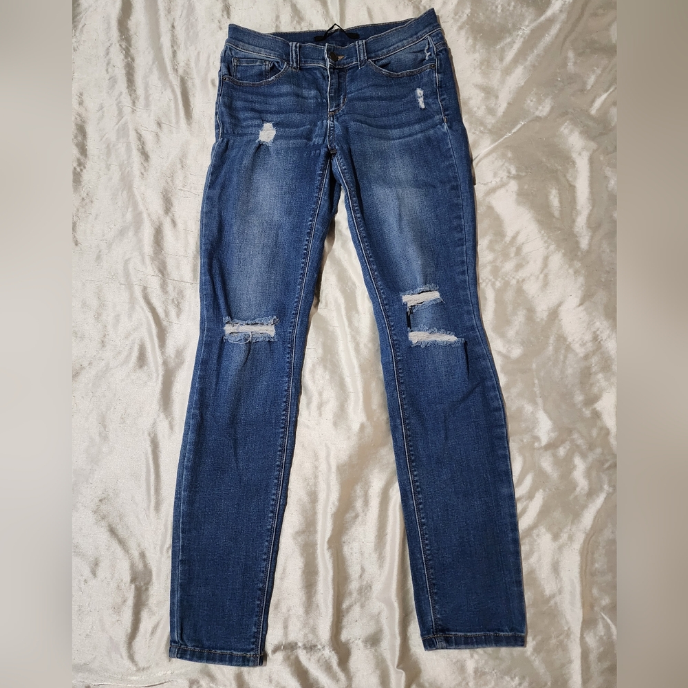 Harper Low Rise Distressed Medium Wash Stretch Skinny Jeans